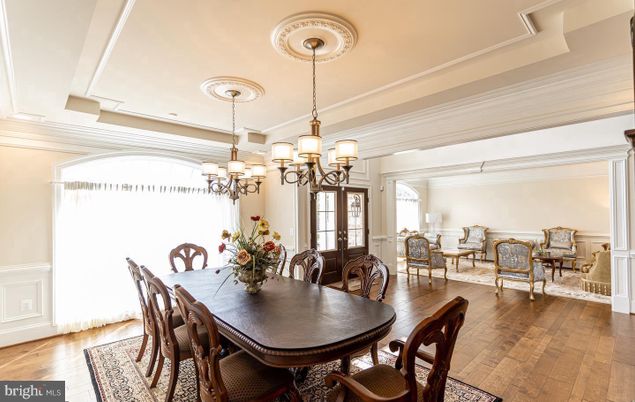 Chandelier, Dining room, Interior, Wood Texture Flooring