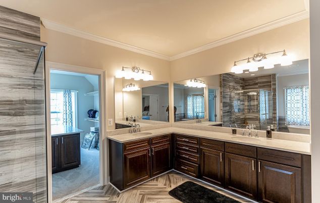 Bathroom, Dual Sink Vanities, Glass Shower, Interior, Wood Texture Flooring