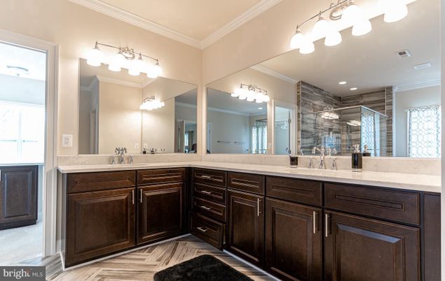 Bathroom, Dual Sink Vanities, Glass Shower, Interior, Wood Texture Flooring