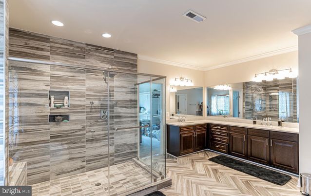 Bathroom, Dual Sink Vanities, Glass Shower, Interior, Recessed Lighting