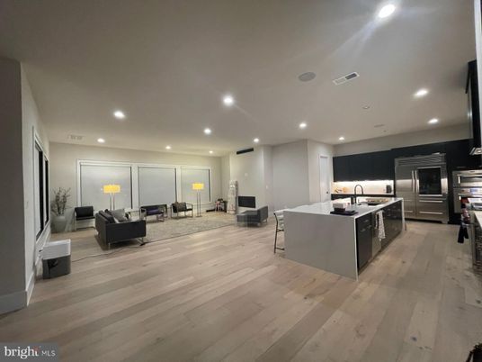 Interior, Kitchen, Living room, Recessed Lighting, Stainless Steel Appliances, Wood Texture Flooring