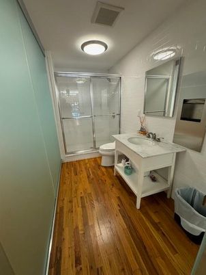 Bathroom, Glass Shower, Interior, Wood Texture Flooring