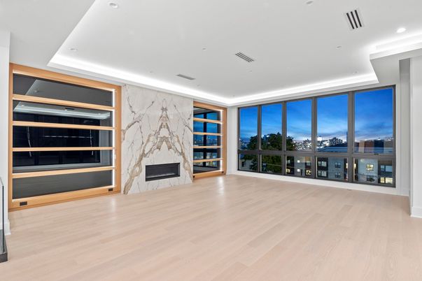 Empty room, Fireplace, Interior, Marble Walls, Recessed Lighting, Wood Texture Flooring