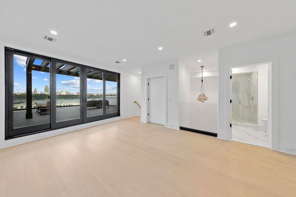 Empty room, Interior, Marble Walls, Pendant Lights, Recessed Lighting, Wood Texture Flooring