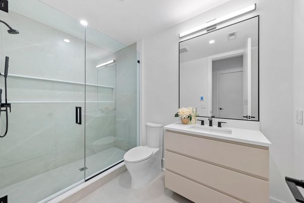 Bathroom, Glass Shower, Interior, Recessed Lighting