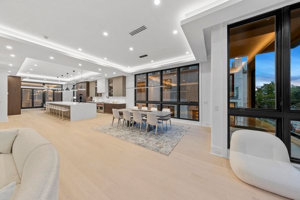 Dining room, Interior, Kitchen, Pendant Lights, Recessed Lighting, Wood Texture Flooring