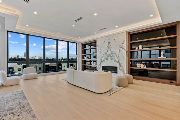 Fireplace, Interior, Living room, Marble Walls, Recessed Lighting, Wood Texture Flooring