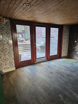 Empty room, Interior, Recessed Lighting, Stone Walls, Wooden Ceilings, Wood Texture Flooring