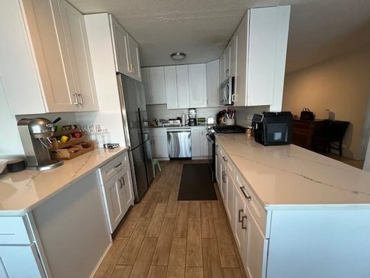 Interior, Kitchen, Recessed Lighting, Stainless Steel Appliances, Wood Texture Flooring