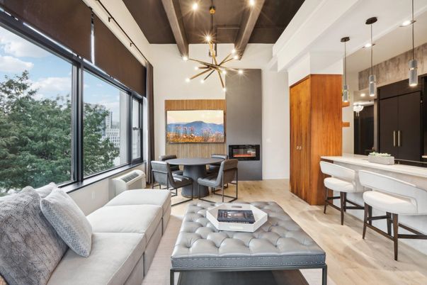 Dining room, Fireplace, Interior, Living room, Pendant Lights, Wooden Beams, Wooden Ceilings, Wood Texture Flooring