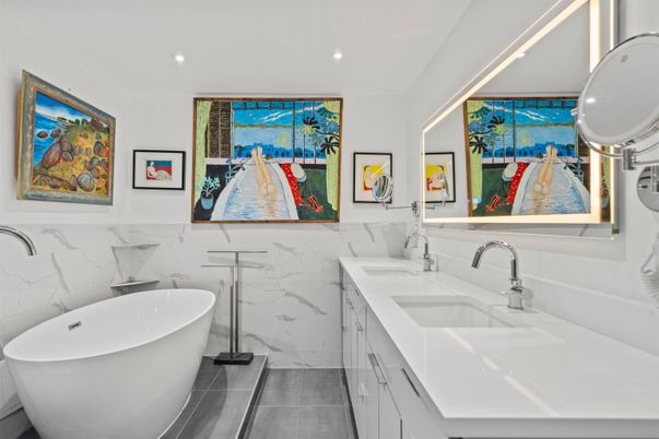 Bathroom, Dual Sink Vanities, Free Standing Baths, Interior, Marble Walls, Recessed Lighting