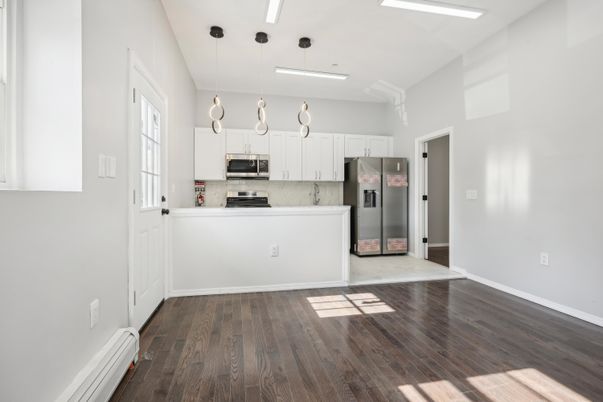 Interior, Kitchen, Pendant Lights, Stainless Steel Appliances, Wood Texture Flooring