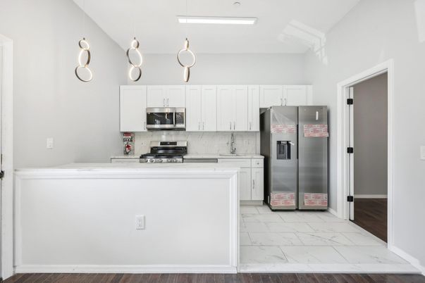 Interior, Kitchen, Marble, Pendant Lights, Stainless Steel Appliances, Wood Texture Flooring