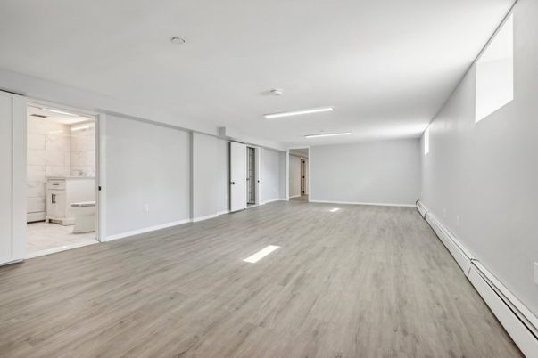 Bathroom, Empty room, Interior, Marble, Recessed Lighting, Wood Texture Flooring
