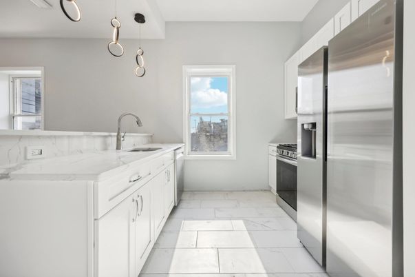 Interior, Kitchen, Marble, Pendant Lights, Stainless Steel Appliances