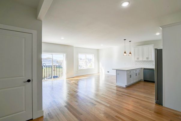 Empty room, Interior, Kitchen, Pendant Lights, Recessed Lighting, Wood Texture Flooring