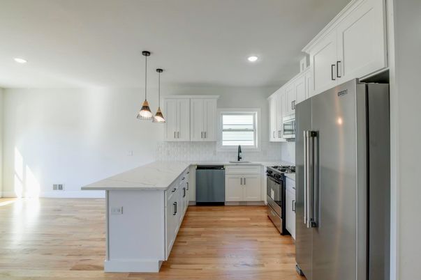 Interior, Kitchen, Pendant Lights, Recessed Lighting, Stainless Steel Appliances, Wood Texture Flooring