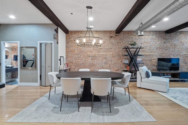 Dining room, Interior, Pendant Lights, Recessed Lighting, Stone Walls, Wooden Beams, Wood Texture Flooring