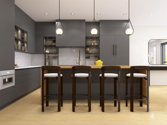 Interior, Kitchen, Marble Walls, Pendant Lights, Recessed Lighting, Wood Texture Flooring