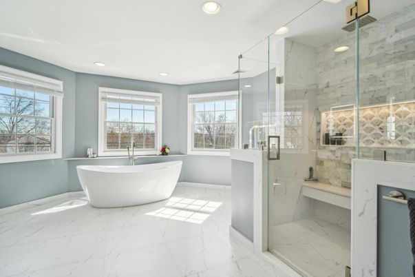 Bathroom, Free Standing Baths, Glass Shower, Interior, Marble, Marble Walls, Recessed Lighting