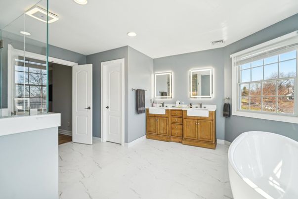 Bathroom, Dual Sink Vanities, Free Standing Baths, Glass Shower, Interior, Marble, Recessed Lighting