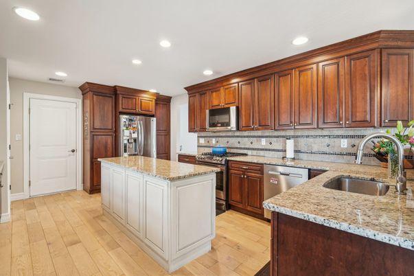 Interior, Kitchen, Recessed Lighting, Stainless Steel Appliances, Wood Texture Flooring