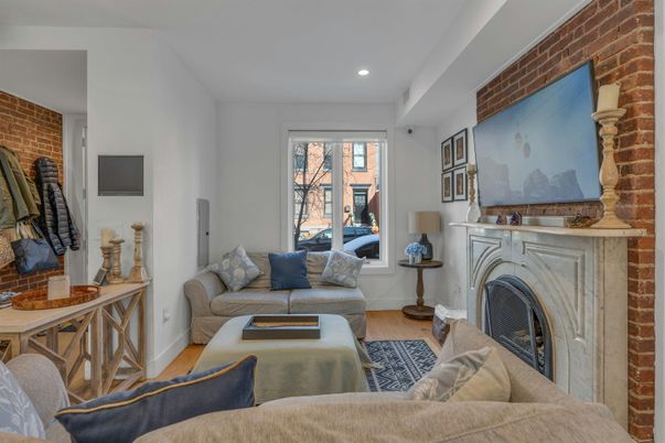 Fireplace, Interior, Living room, Recessed Lighting, Stone Walls