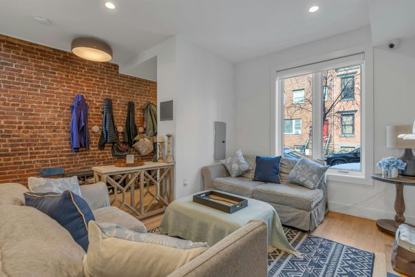 Interior, Living room, Recessed Lighting, Stone Walls, Wood Texture Flooring
