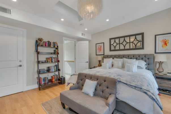 Bedroom, Chandelier, Interior, Recessed Lighting, Wood Texture Flooring