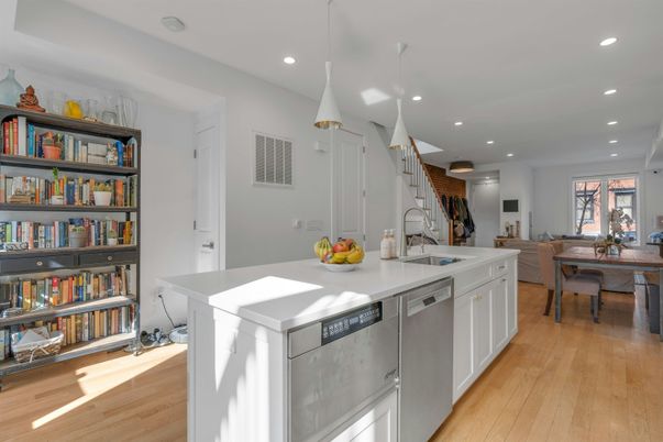 Dining room, Interior, Kitchen, Pendant Lights, Recessed Lighting, Stainless Steel Appliances, Wood Texture Flooring