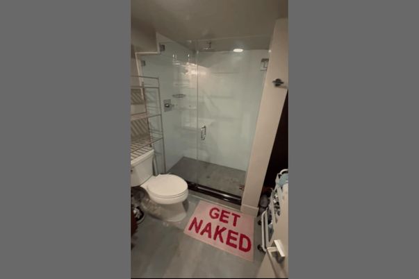 Bathroom, Glass Shower, Interior, Wood Texture Flooring