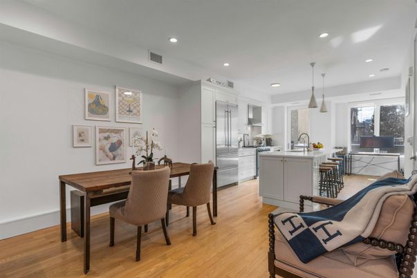 Dining room, Interior, Kitchen, Pendant Lights, Recessed Lighting, Wood Texture Flooring