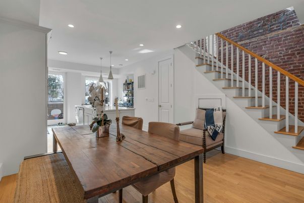 Dining room, Interior, Pendant Lights, Recessed Lighting, Wood Texture Flooring