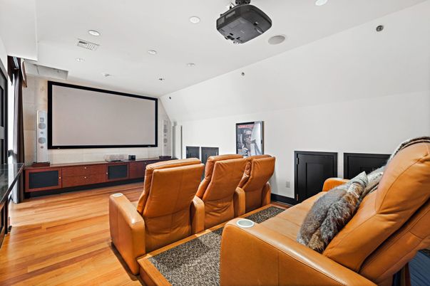 Home Theatre Room, Interior, Projection Screen, Recessed Lighting, Theatre Room, Wood Texture Flooring