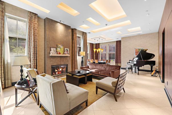 Chandelier, Dining room, Fireplace, Interior, Living room, Piano, Recessed Lighting