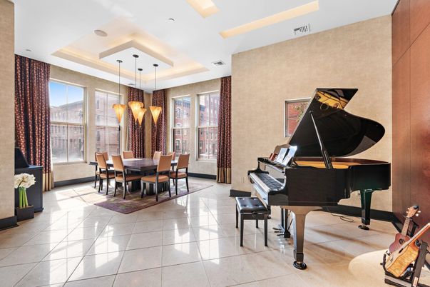 Dining room, Interior, Pendant Lights, Piano, Recessed Lighting