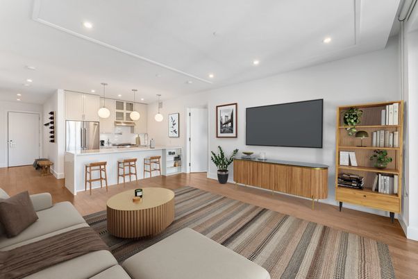Interior, Kitchen, Living room, Pendant Lights, Recessed Lighting, Stainless Steel Appliances, Wood Texture Flooring