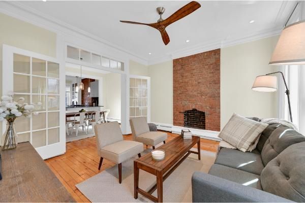Dining room, Fireplace, Interior, Living room, Pendant Lights, Recessed Lighting, Stone Walls, Wood Texture Flooring