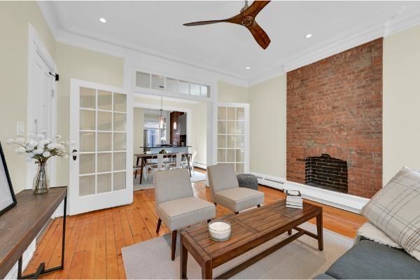 Dining room, Fireplace, Interior, Living room, Pendant Lights, Recessed Lighting, Stone Walls, Wood Texture Flooring
