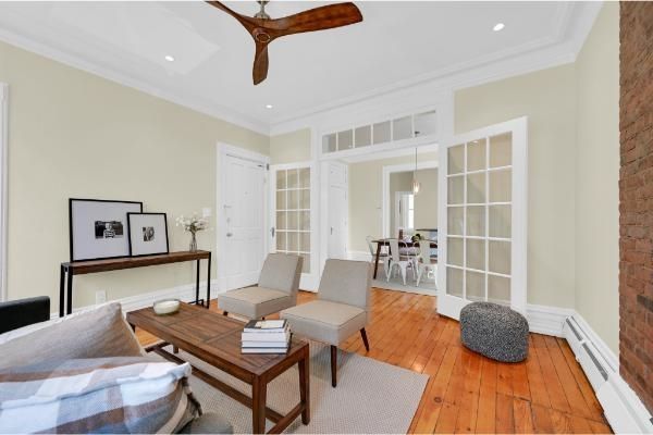 Dining room, Interior, Living room, Recessed Lighting, Stone Walls, Wood Texture Flooring