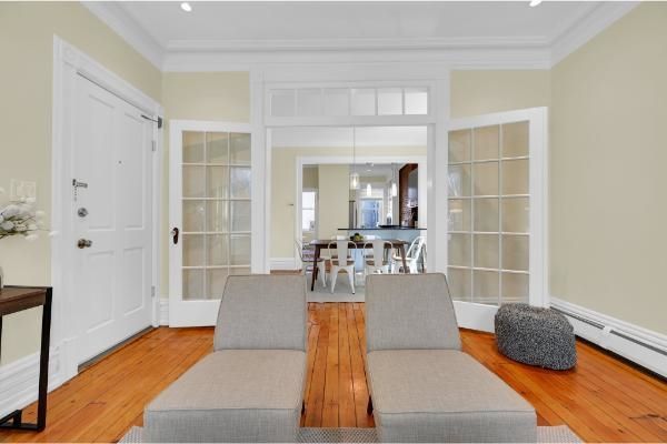 Dining room, Interior, Living room, Recessed Lighting, Wood Texture Flooring