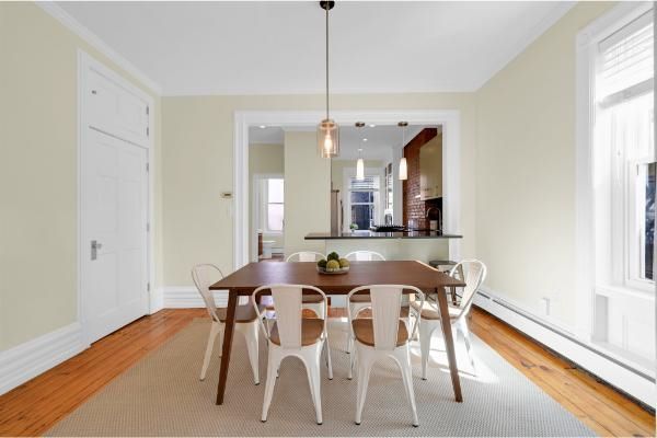 Dining room, Interior, Kitchen, Pendant Lights, Wood Texture Flooring