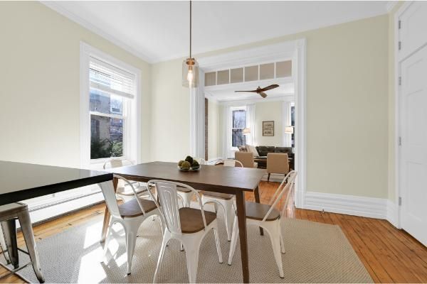 Dining room, Interior, Pendant Lights, Wood Texture Flooring