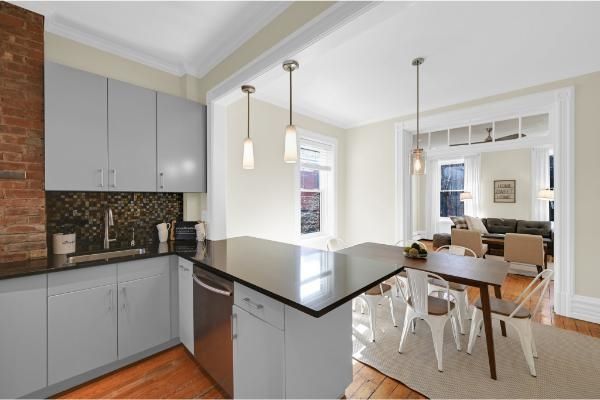Dining room, Interior, Kitchen, Living room, Pendant Lights, Stone Walls, Wood Texture Flooring