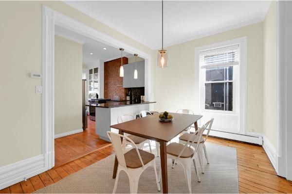 Dining room, Interior, Kitchen, Pendant Lights, Recessed Lighting, Stainless Steel Appliances, Wood Texture Flooring