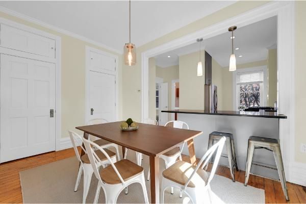 Dining room, Interior, Kitchen, Pendant Lights, Recessed Lighting, Wood Texture Flooring