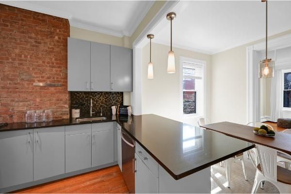 Dining room, Interior, Kitchen, Pendant Lights, Stone Walls, Wood Texture Flooring
