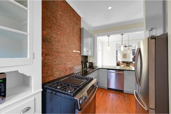 Interior, Kitchen, Pendant Lights, Recessed Lighting, Stainless Steel Appliances, Stone Walls, Wood Texture Flooring