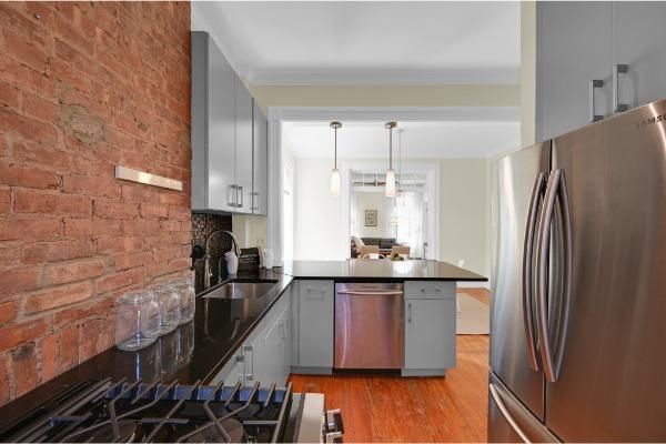 Interior, Kitchen, Pendant Lights, Stainless Steel Appliances, Stone Walls, Wood Texture Flooring