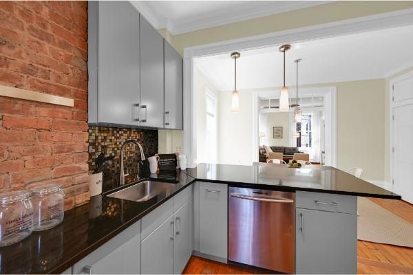Interior, Kitchen, Pendant Lights, Stainless Steel Appliances, Stone Walls, Wood Texture Flooring